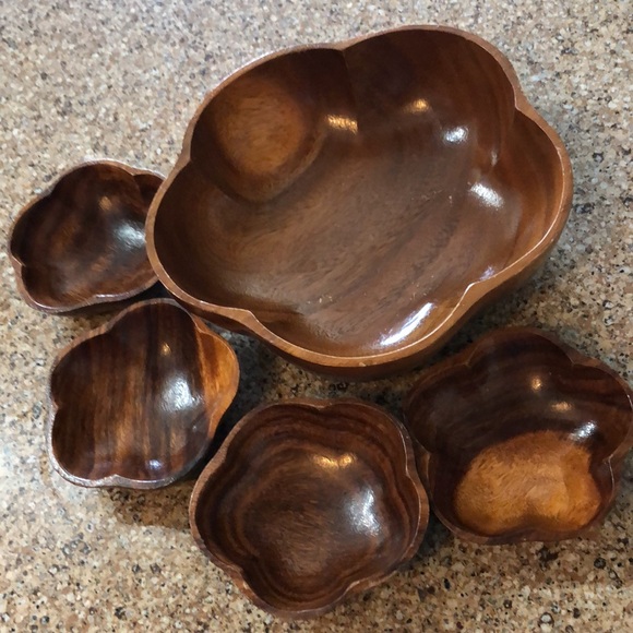 Monkey Pod Wooden Bowl Set-Large Bowl with 4 Smaller Bowls-GUC-Vintage - Picture 3 of 16